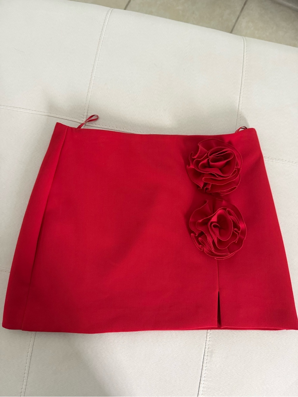 Mango Red Mini Skirt with Floral Rosettes